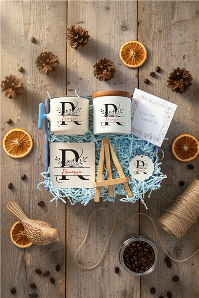 Ayçiçekli Baş Harfli Hediye Kutusu - Kişiye Özel T Kupa, Seramik Kalemlik, Dekoratif Taş İsimlik, Güneş Anahtarlık