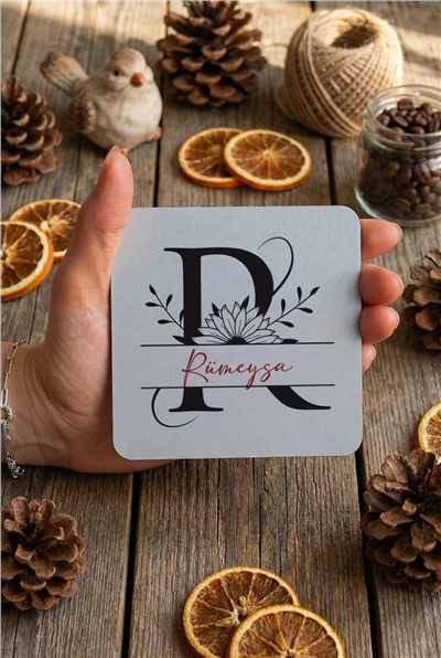 Ayçiçekli Baş Harfli Kişiye Özel Bardak Altlığı