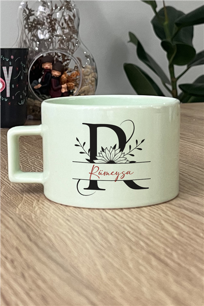 Ayçiçekli Baş Harfli Kişiye Özel Lüks Pastel Fincan