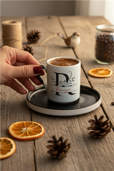 Ayçiçekli Baş Harfli Kişiye Özel Türk Kahvesi Fincanı