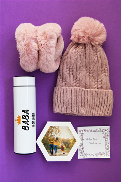 Baba Hediye Kutusu - Kişiye Özel Dijital Göstergeli Termos, Kulaklık, Bere, Altıgen Fotoğraf Çerçevesi