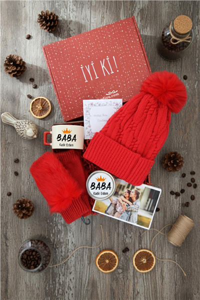 Baba Hediye Kutusu - Kişiye Özel Lüks Fincan, Bere, Eldiven, Mum, Fotoğraf 10 Adet