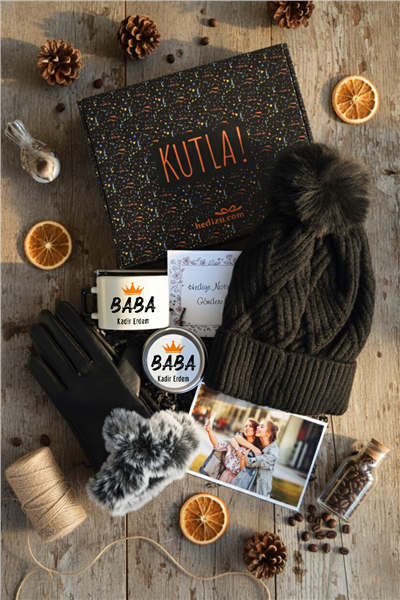 Baba Hediye Kutusu - Kişiye Özel Lüks Fincan, Bere, Eldiven, Mum, Fotoğraf 10 Adet