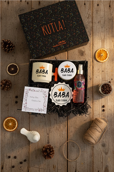 Baba Hediye Kutusu - Kişiye Özel T Kupa, Kolonya, Bardak Altlığı, Mum