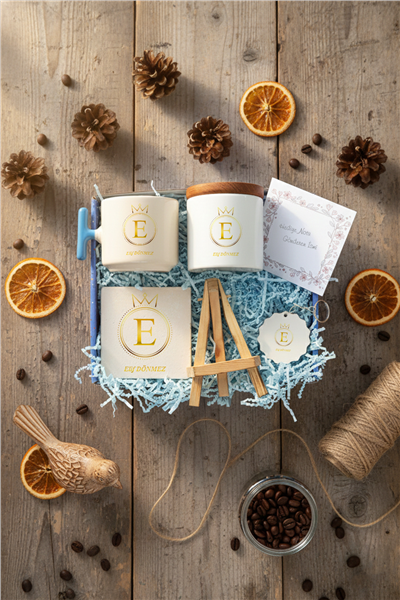 Baş Harf Hediye Kutusu - Kişiye Özel T Kupa, Seramik Kalemlik, Dekoratif Taş İsimlik, Güneş Anahtarlık