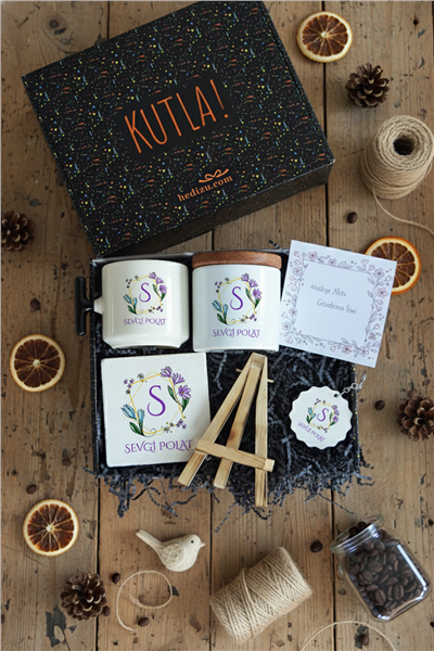 Baş Harf ve İsim Hediye Kutusu - Kişiye Özel T Kupa, Seramik Kalemlik, Dekoratif Taş İsimlik, Güneş Anahtarlık