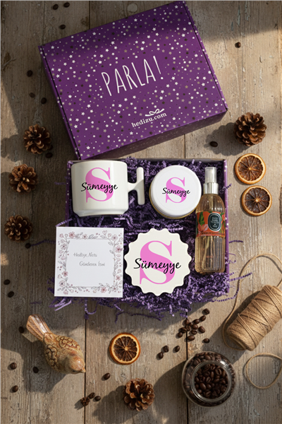 Baş Harf ve İsim Hediye Kutusu - Kişiye Özel T Kupa, Kolonya, Bardak Altlığı, Mum