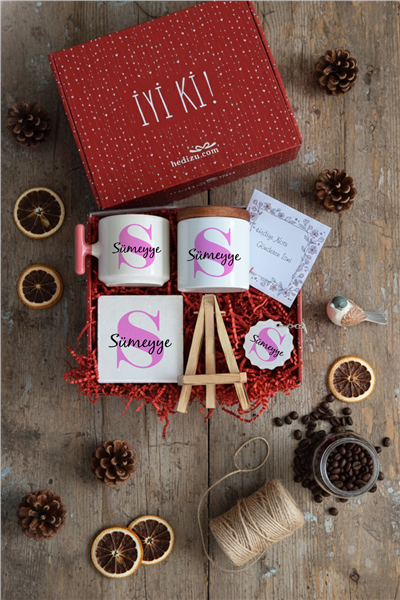 Baş Harf ve İsim Hediye Kutusu - Kişiye Özel T Kupa, Seramik Kalemlik, Dekoratif Taş İsimlik, Güneş Anahtarlık