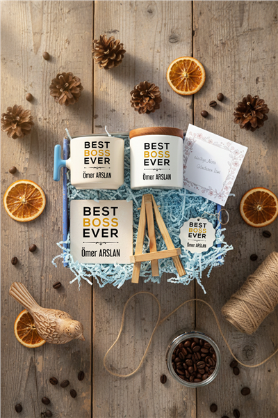Best Boss Ever Hediye Kutusu - Kişiye Özel T Kupa, Seramik Kalemlik, Dekoratif Taş İsimlik, Güneş Anahtarlık
