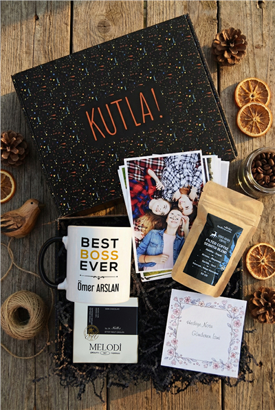 Best Boss Ever Hediye Kutusu - Kişiye Özel Kupa Standart, Filtre Kahve, Melodi Çikolata, Fotoğraf 12 Adet