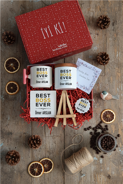 Best Boss Ever Hediye Kutusu - Kişiye Özel T Kupa, Seramik Kalemlik, Dekoratif Taş İsimlik, Güneş Anahtarlık