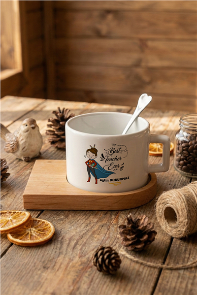 Best Teacher Ever Kişiye Özel Lüks Fincan, Ahşap Altlıklı, Kaşıklı