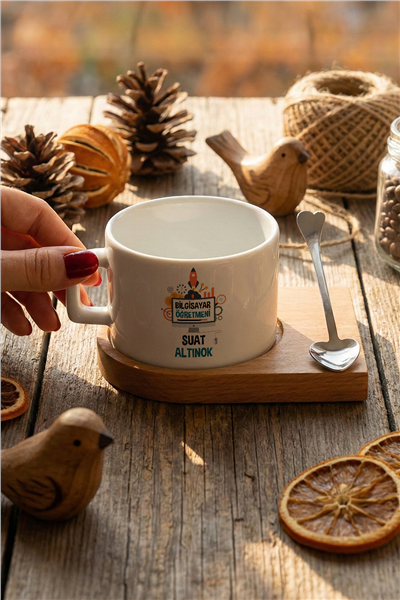 Bilgisayar Öğretmeni Kişiye Özel Lüks Fincan, Ahşap Altlıklı, Kaşıklı