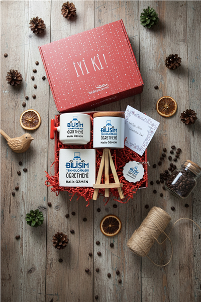 Bilişim Teknolojileri Öğretmeni Hediye Kutusu - Kişiye Özel T Kupa, Seramik Kalemlik, Dekoratif Taş İsimlik, Güneş Anahtarlık