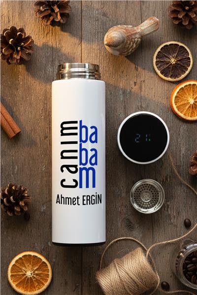 Canım Babam Hediye Kutusu - Kişiye Özel Dijital Göstergeli Termos, Kulaklık, Bere, Altıgen Fotoğraf Çerçevesi