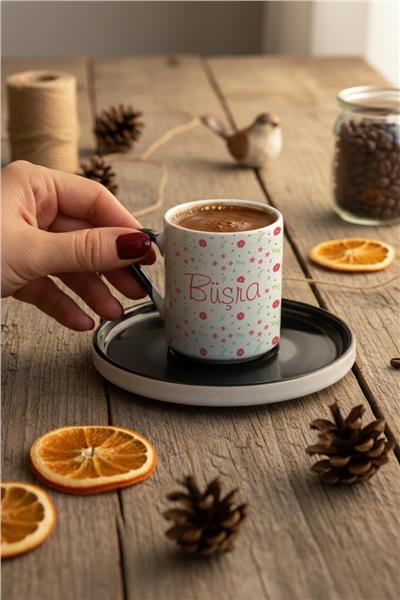 Çiçek Desenli İsme Özel Kişiye Özel Türk Kahvesi Fincanı