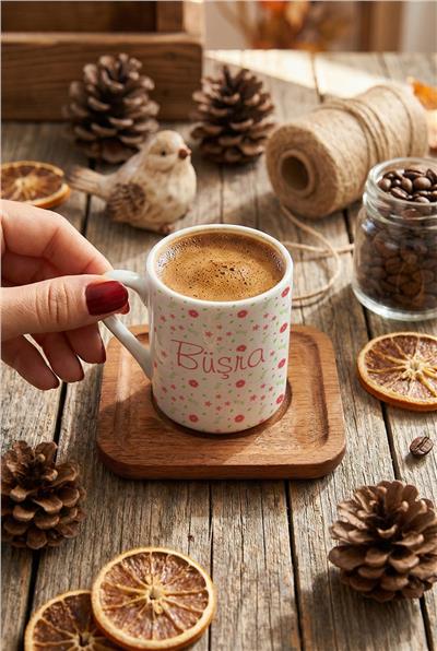 Çiçek Desenli İsme Özel Kişiye Özel Türk Kahvesi Fincanı