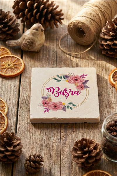 Çiçek ve İsim Kişiye Özel Bardak Altlığı