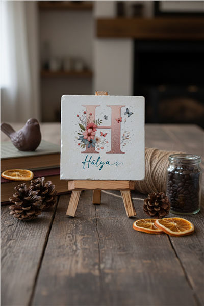 Çiçekli Baş Harfli Kişiye Özel Dekoratif Taş İsimlik