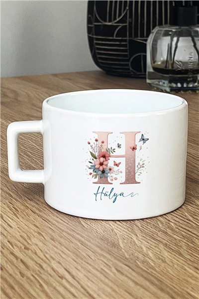 Çiçekli Baş Harfli Kişiye Özel Lüks Fincan