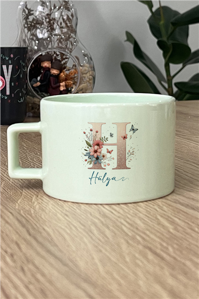 Çiçekli Baş Harfli Kişiye Özel Lüks Pastel Fincan