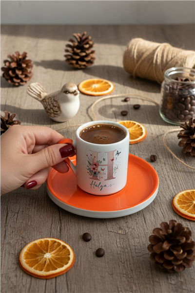 Çiçekli Baş Harfli Kişiye Özel Türk Kahvesi Fincanı