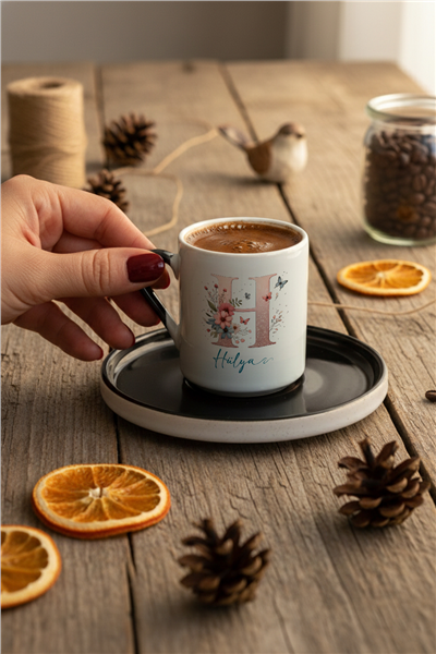 Çiçekli Baş Harfli Kişiye Özel Türk Kahvesi Fincanı