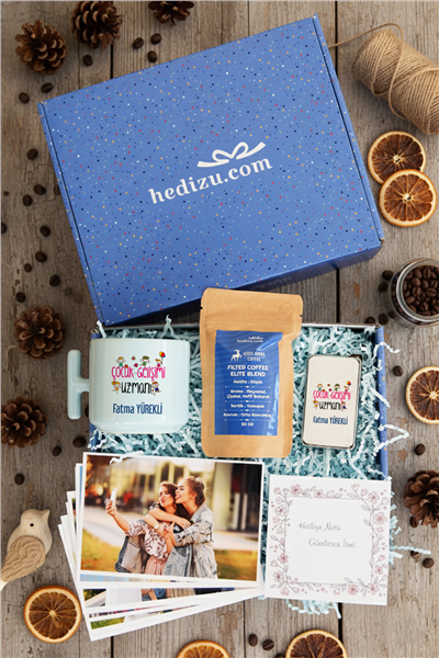 Çocuk Gelişimi Uzmanı Hediye Kutusu - Kişiye Özel T Pastel Kupa, Filtre Kahve, Çakmak, Fotoğraf 10 Adet