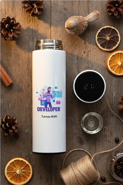 Developer Hediye Kutusu - Kişiye Özel Dijital Göstergeli Termos, Kulaklık, Bere, Altıgen Fotoğraf Çerçevesi