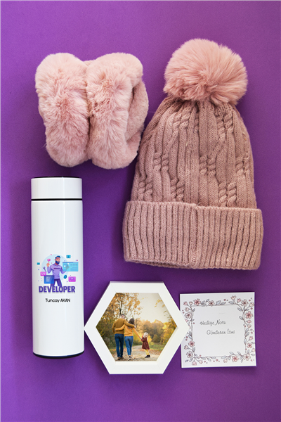 Developer Hediye Kutusu - Kişiye Özel Dijital Göstergeli Termos, Kulaklık, Bere, Altıgen Fotoğraf Çerçevesi