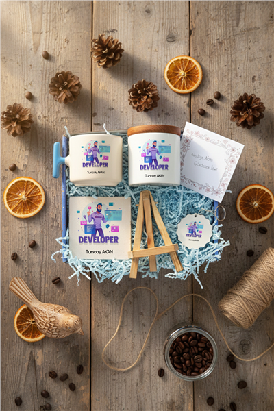 Developer Hediye Kutusu - Kişiye Özel T Kupa, Seramik Kalemlik, Dekoratif Taş İsimlik, Güneş Anahtarlık