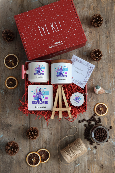 Developer Hediye Kutusu - Kişiye Özel T Kupa, Seramik Kalemlik, Dekoratif Taş İsimlik, Güneş Anahtarlık