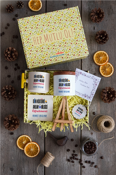 Din Kültürü Öğretmeni Hediye Kutusu - Kişiye Özel T Kupa, Seramik Kalemlik, Dekoratif Taş İsimlik, Güneş Anahtarlık