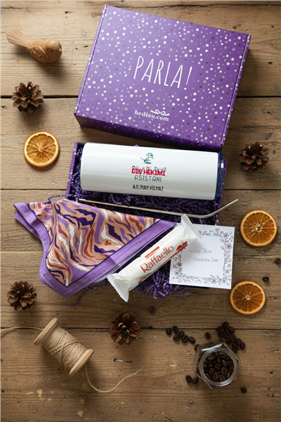 Diş Hekimi Asistanı Hediye Kutusu - Kişiye Özel Pipetli Çelik Termos, Fular, Çikolata Ferrero Rocher Raffaello