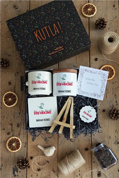 Diş Hekimi Hediye Kutusu - Kişiye Özel T Kupa, Seramik Kalemlik, Dekoratif Taş İsimlik, Güneş Anahtarlık