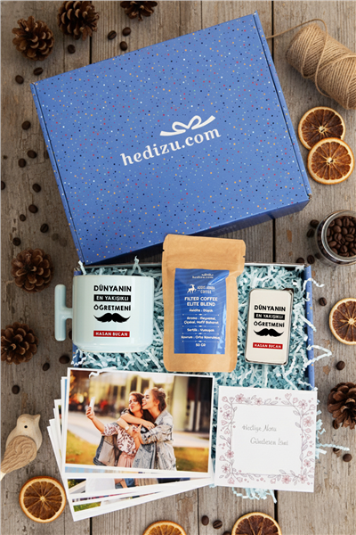 Dünyanın En Yakışıklı Öğretmeni Hediye Kutusu - Kişiye Özel T Pastel Kupa, Filtre Kahve, Çakmak, Fotoğraf 10 Adet