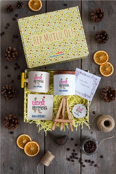 Edebiyat Öğretmeni Hediye Kutusu - Kişiye Özel T Kupa, Seramik Kalemlik, Dekoratif Taş İsimlik, Güneş Anahtarlık