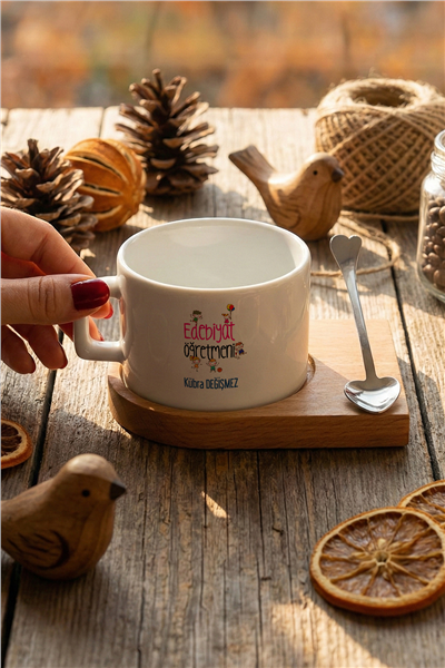 Edebiyat Öğretmeni Kişiye Özel Lüks Fincan, Ahşap Altlıklı, Kaşıklı