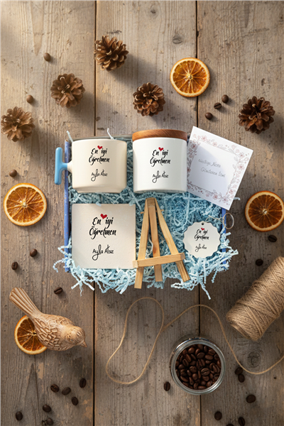 En İyi Öğretmen Hediye Kutusu - Kişiye Özel T Kupa, Seramik Kalemlik, Dekoratif Taş İsimlik, Güneş Anahtarlık