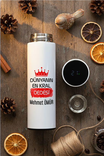 En Kral Dede Hediye Kutusu - Kişiye Özel Dijital Göstergeli Termos, Kulaklık, Bere, Altıgen Fotoğraf Çerçevesi