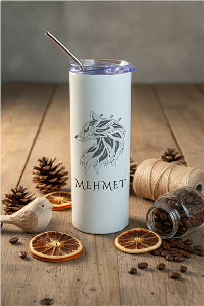 Etnik Kurt Kişiye Özel Pipetli Çelik Termos