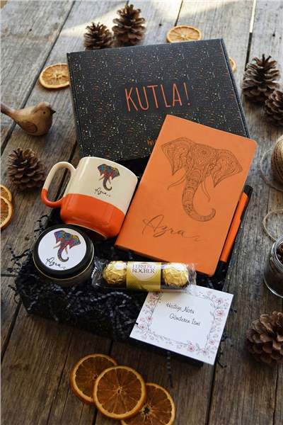 Etnil Fil Hediye Kutusu - Kişiye Özel Pro Kupa, Defter, Mum, Çikolata Ferrero Rocher 3lü, Kalem