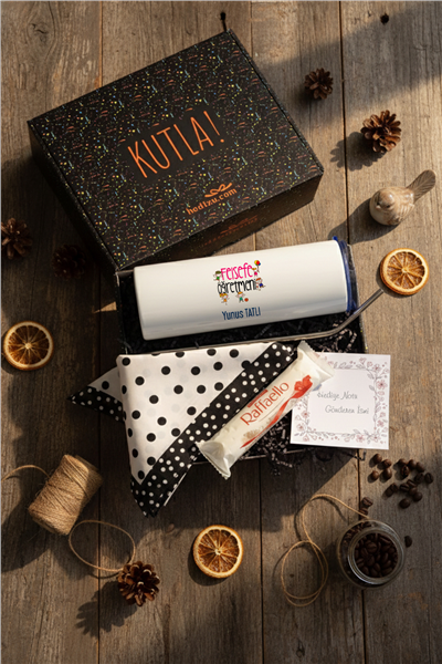 Felsefe Öğretmeni Hediye Kutusu - Kişiye Özel Pipetli Çelik Termos, Fular, Çikolata Ferrero Rocher Raffaello