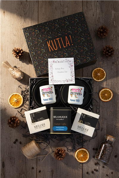 Felsefe Öğretmeni Hediye Kutusu - Kişiye Özel Türk Kahvesi Fincanı 2 Adet, Türk Kahvesi, Melodi Çikolata 2 adet