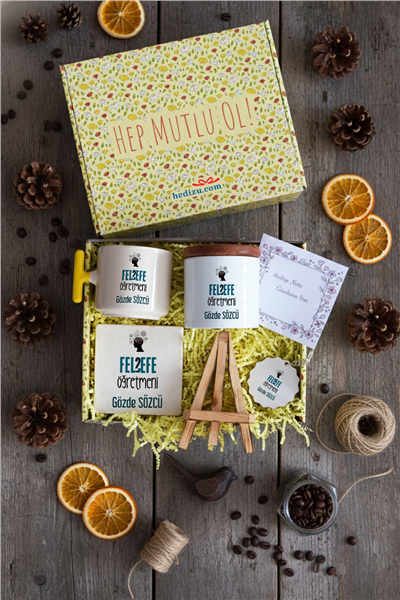 Felsefe Öğretmeni Hediye Kutusu - Kişiye Özel T Kupa, Seramik Kalemlik, Dekoratif Taş İsimlik, Güneş Anahtarlık