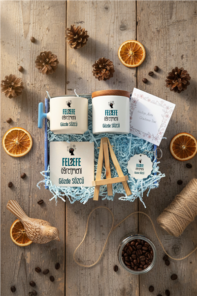 Felsefe Öğretmeni Hediye Kutusu - Kişiye Özel T Kupa, Seramik Kalemlik, Dekoratif Taş İsimlik, Güneş Anahtarlık