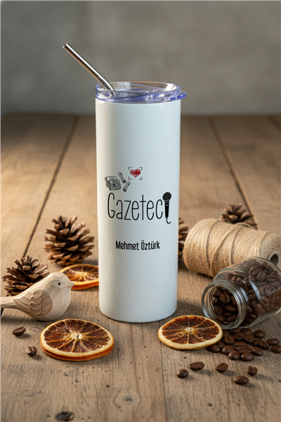 Gazeteci Kişiye Özel Pipetli Çelik Termos