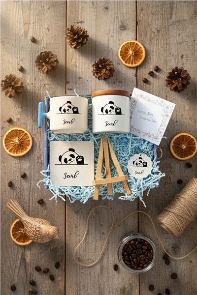 Hello Panda Hediye Kutusu - Kişiye Özel T Kupa, Seramik Kalemlik, Dekoratif Taş İsimlik, Güneş Anahtarlık