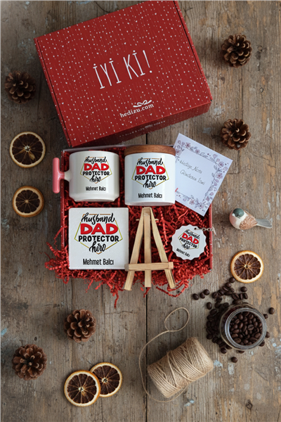 Husbanda Dad Protector Hero Hediye Kutusu - Kişiye Özel T Kupa, Seramik Kalemlik, Dekoratif Taş İsimlik, Güneş Anahtarlık