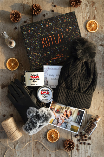 Husbanda Dad Protector Hero Hediye Kutusu - Kişiye Özel Lüks Fincan, Bere, Eldiven, Mum, Fotoğraf 10 Adet